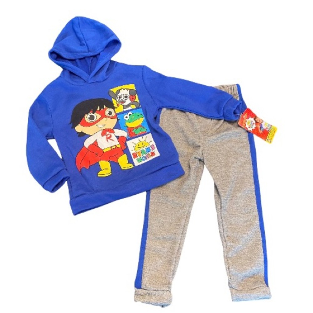 Ryan’s World 2 pc set Blue Graphic Hoodie and Gray & Blue Fleece Pants 4T NWT